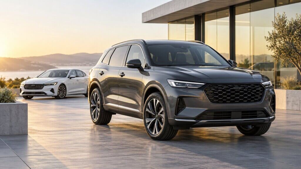 Illustration of a grey SUV and white car outside a modern showroom